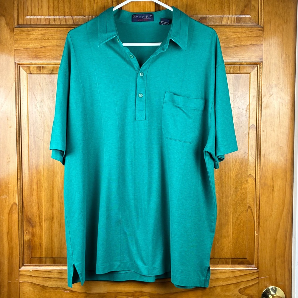 Vtg Mens XL Big Teal Green Shadow Stripe Short Sleeve Polo Shirt Dadcore Grandpa